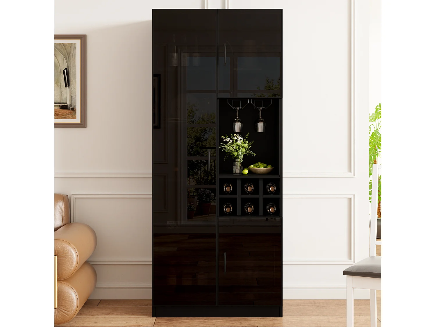 Vitrine moderne 60 x 36 x 160 cm - Avec éclairage LED - 2 portes vitrées et casier à vin - MDF - Noir