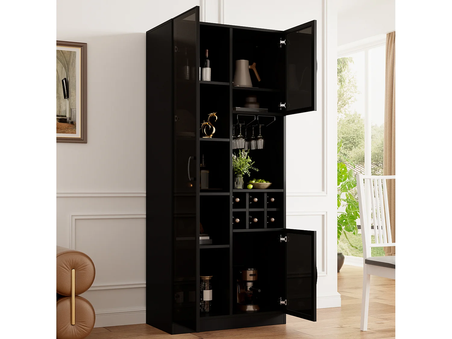 Vitrine moderne 60 x 36 x 160 cm - Avec éclairage LED - 2 portes vitrées et casier à vin - MDF - Noir