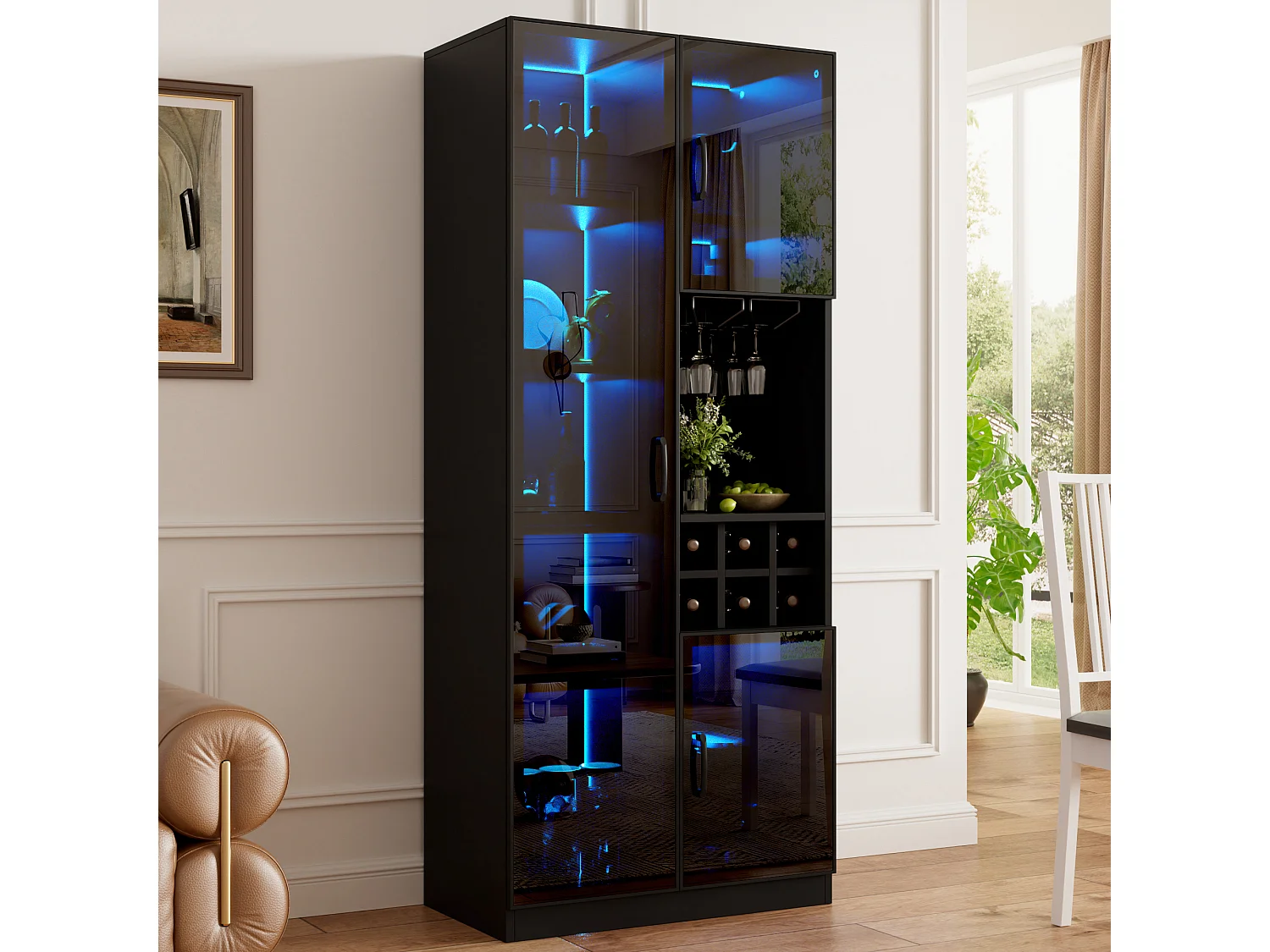 Vitrine moderne 60 x 36 x 160 cm - Avec éclairage LED - 2 portes vitrées et casier à vin - MDF - Noir