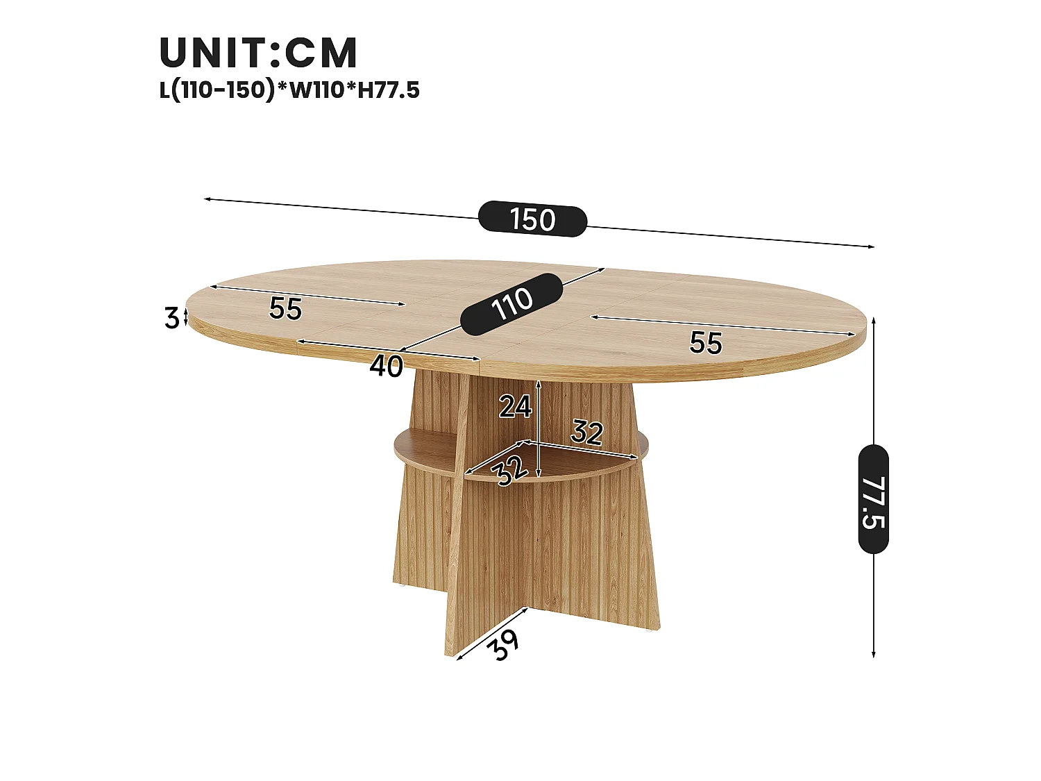 Runder Ausziehbarer Esstisch 110-150x110x77,5cm - Küchentisch für 2-8 Personen mit ovaler Schiebeplatte & unterem Regal - Braun