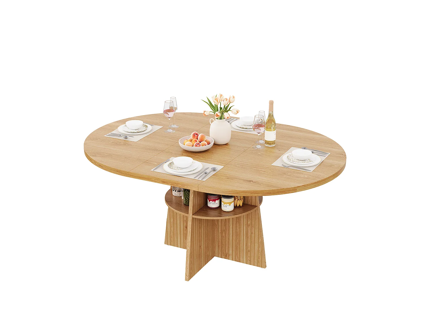 Runder Ausziehbarer Esstisch 110-150x110x77,5cm - Küchentisch für 2-8 Personen mit ovaler Schiebeplatte & unterem Regal - Braun
