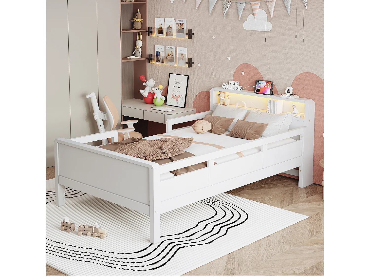 Children's bed 90 x 200 cm with LED, USB/USB-C port and headboard with storage – Pine, MDF and plywood – White (Mattress not included)