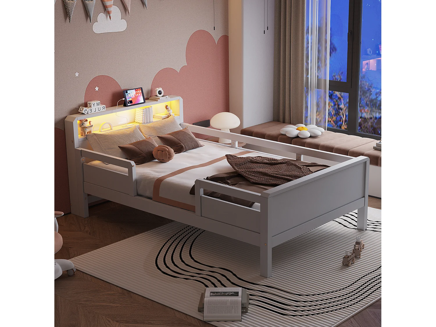 Children's bed 90 x 200 cm with LED, USB/USB-C port and headboard with storage – Pine, MDF and plywood – White (Mattress not included)