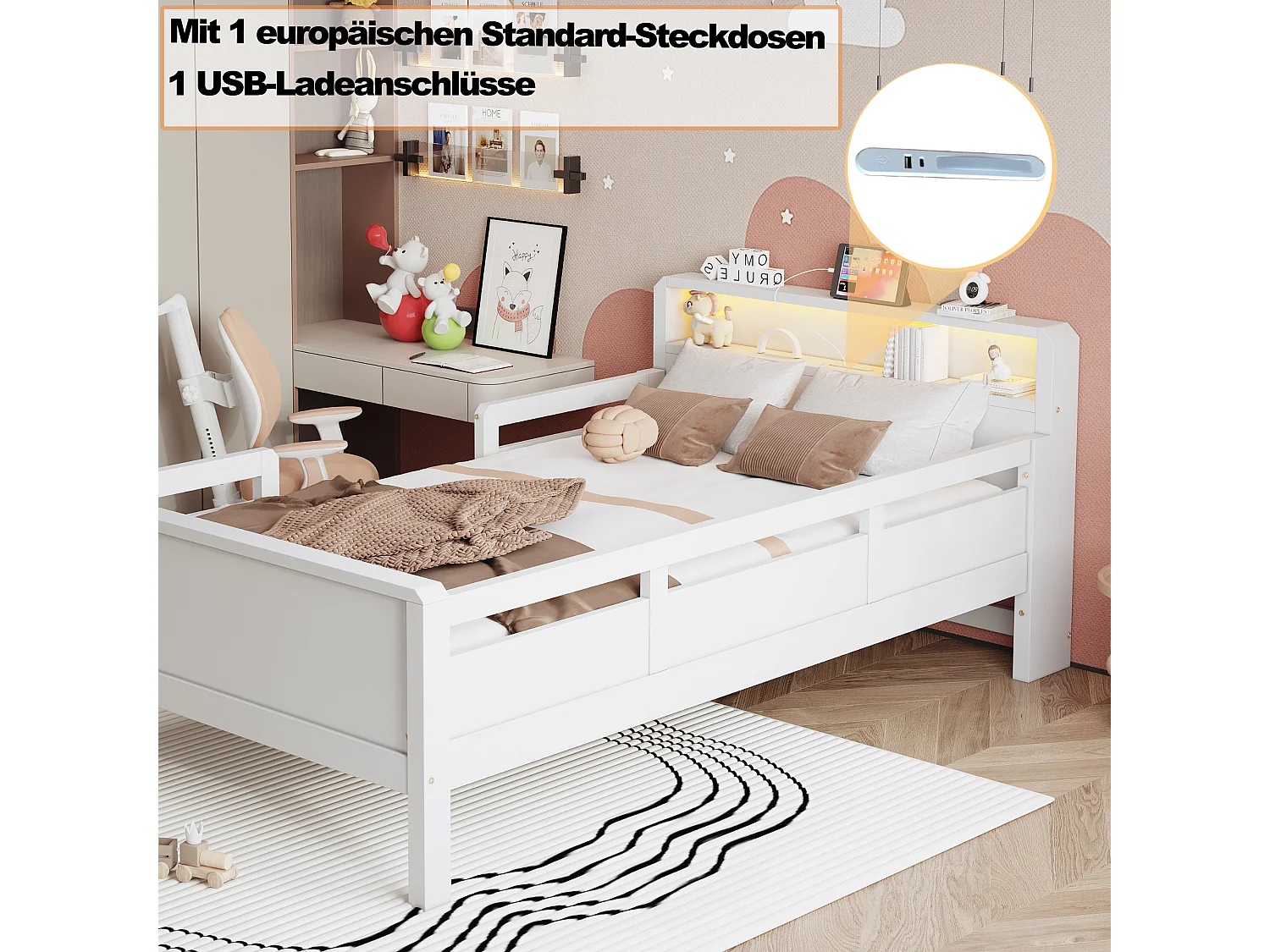 Children's bed 90 x 200 cm with LED, USB/USB-C port and headboard with storage – Pine, MDF and plywood – White (Mattress not included)