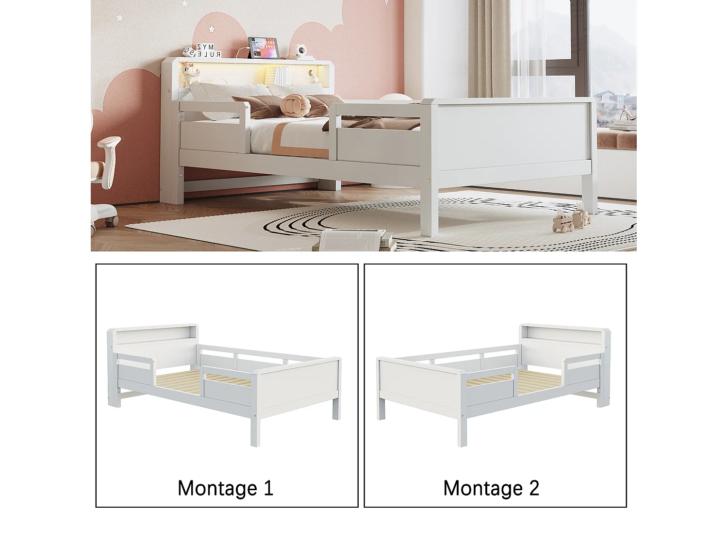 Children's bed 90 x 200 cm with LED, USB/USB-C port and headboard with storage – Pine, MDF and plywood – White (Mattress not included)