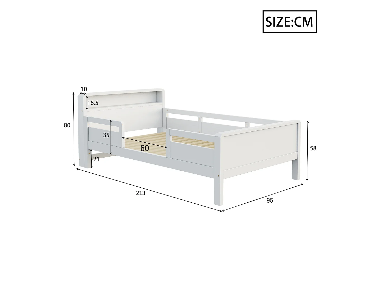 Children's bed 90 x 200 cm with LED, USB/USB-C port and headboard with storage – Pine, MDF and plywood – White (Mattress not included)