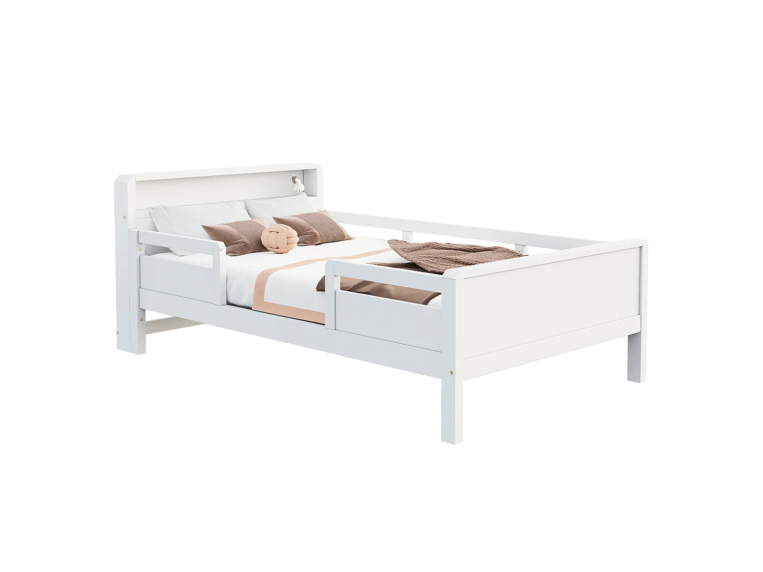 Children's bed 90 x 200 cm with LED, USB/USB-C port and headboard with storage – Pine, MDF and plywood – White (Mattress not included)