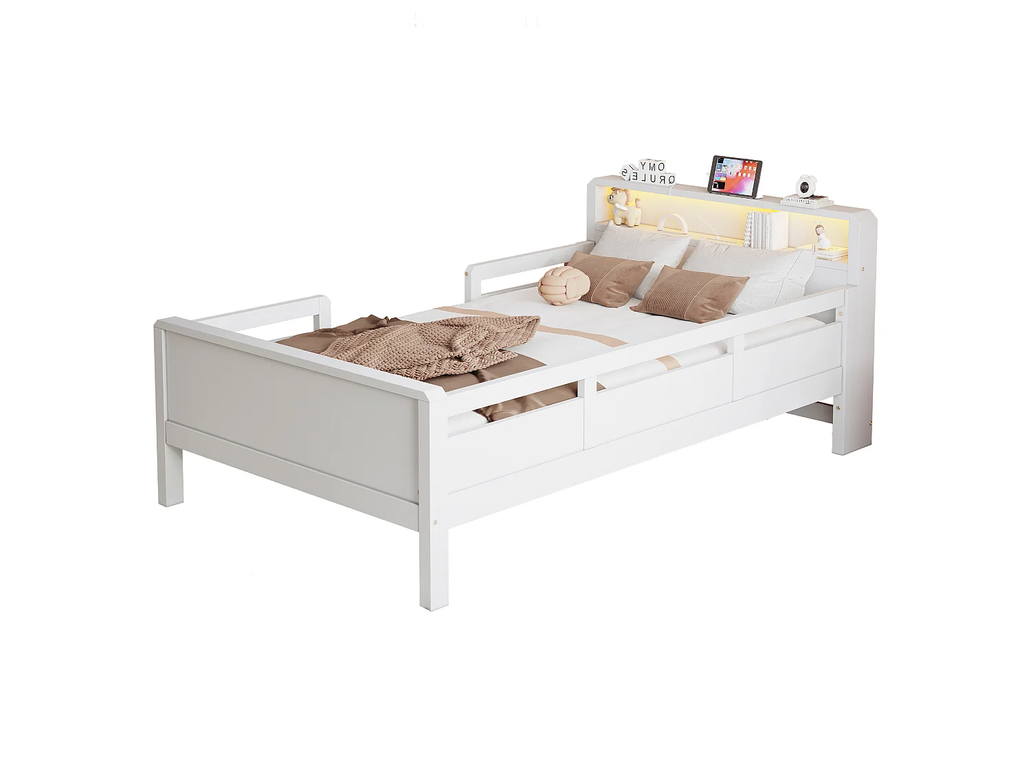 Children's bed 90 x 200 cm with LED, USB/USB-C port and headboard with storage – Pine, MDF and plywood – White (Mattress not included)