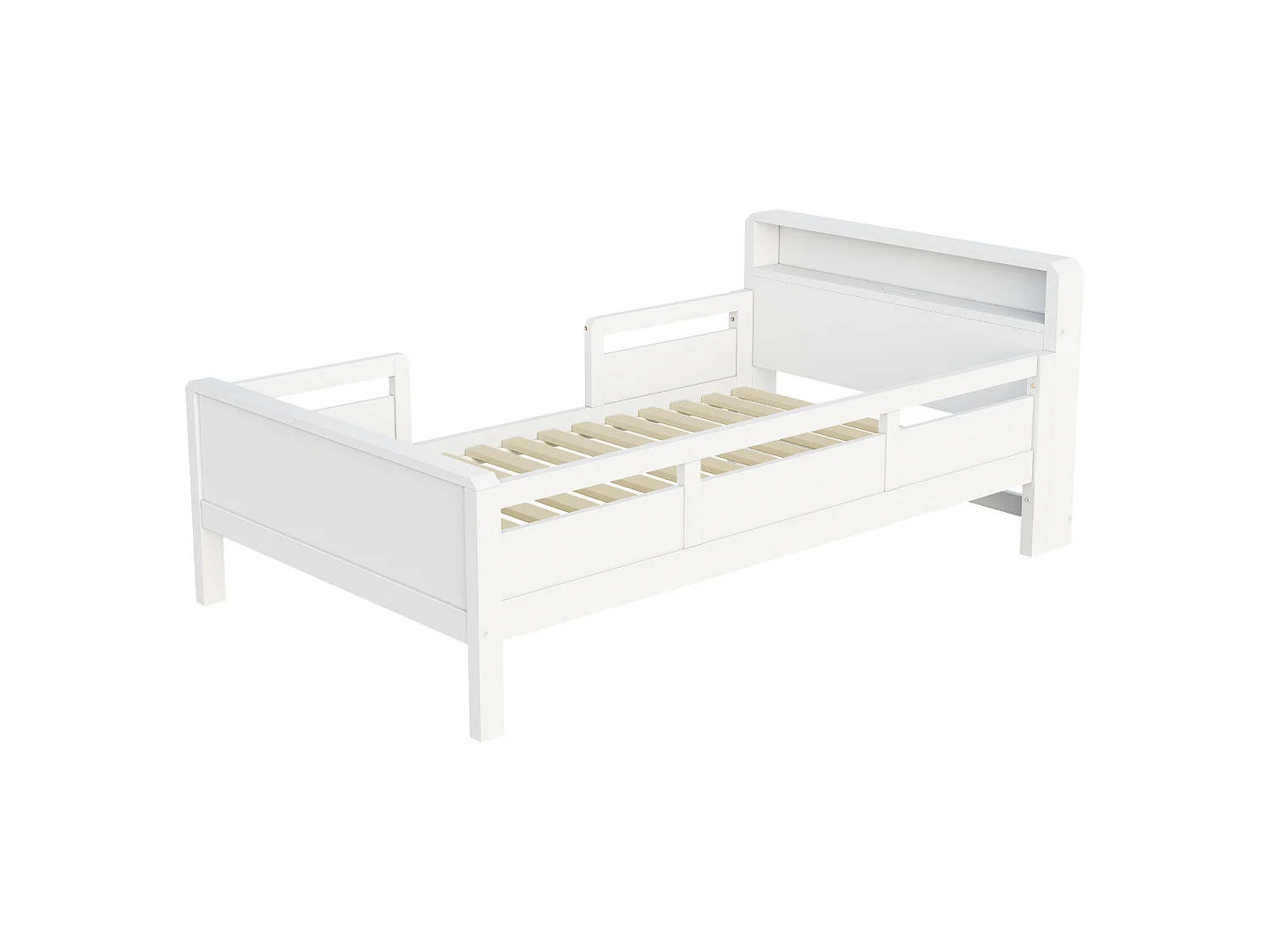 Children's bed 90 x 200 cm with LED, USB/USB-C port and headboard with storage – Pine, MDF and plywood – White (Mattress not included)