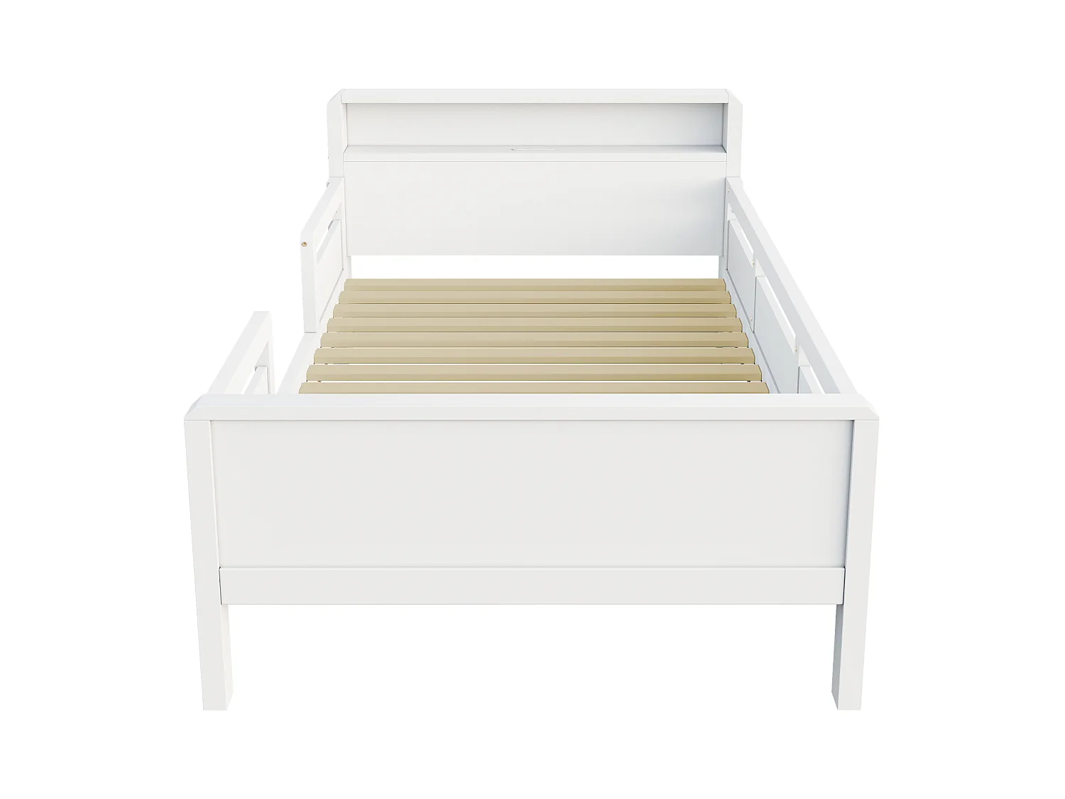 Children's bed 90 x 200 cm with LED, USB/USB-C port and headboard with storage – Pine, MDF and plywood – White (Mattress not included)