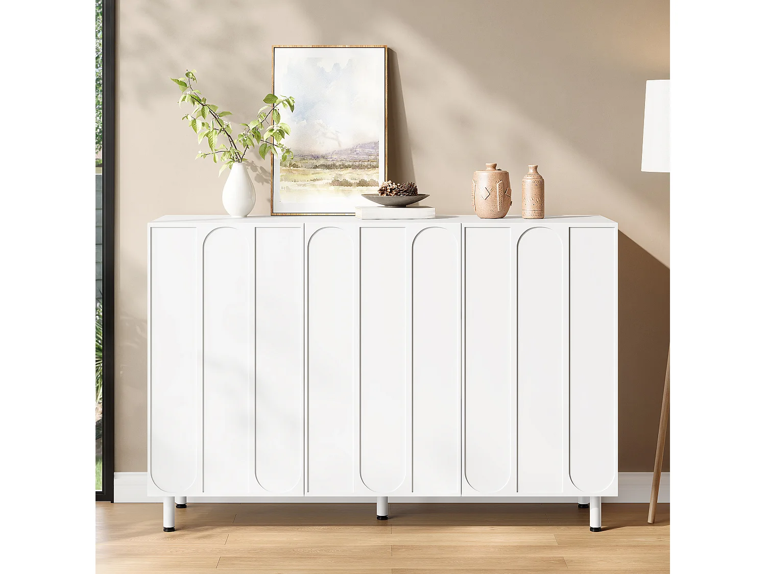 Buffet/Meuble à chaussures 120x37x80 cm - Avec 3 portes - Étagères réglables - 5 pieds en métal - MDF - Blanc
