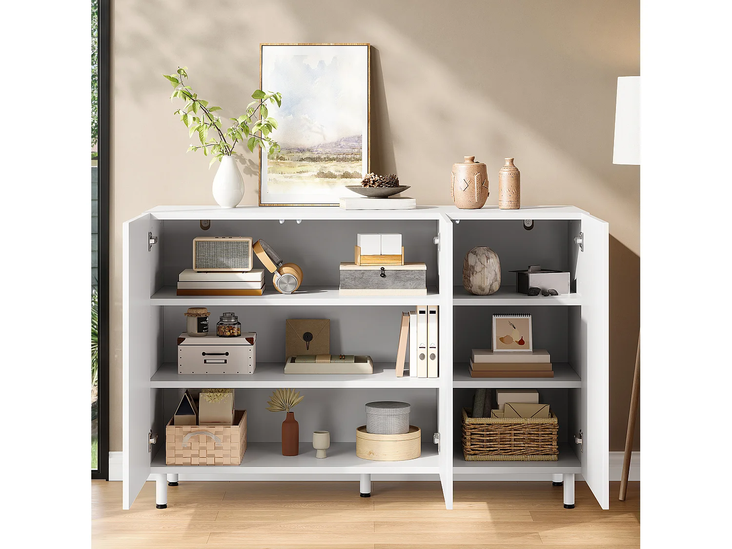 Buffet/Meuble à chaussures 120x37x80 cm - Avec 3 portes - Étagères réglables - 5 pieds en métal - MDF - Blanc