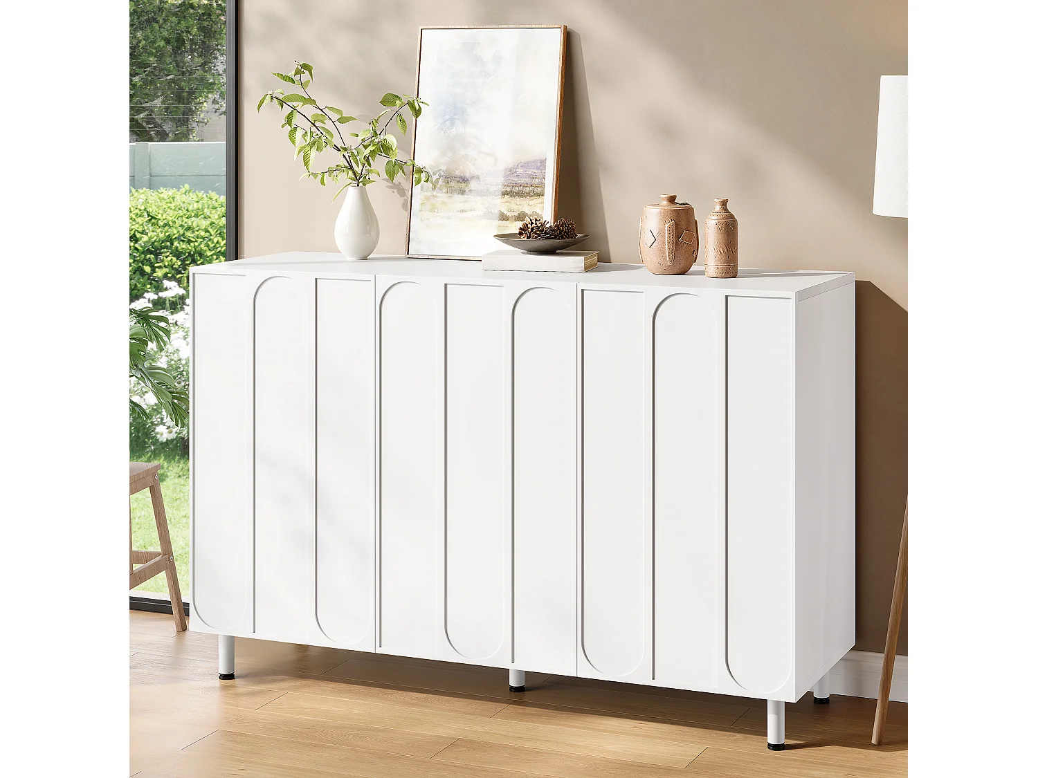 Buffet/Meuble à chaussures 120x37x80 cm - Avec 3 portes - Étagères réglables - 5 pieds en métal - MDF - Blanc