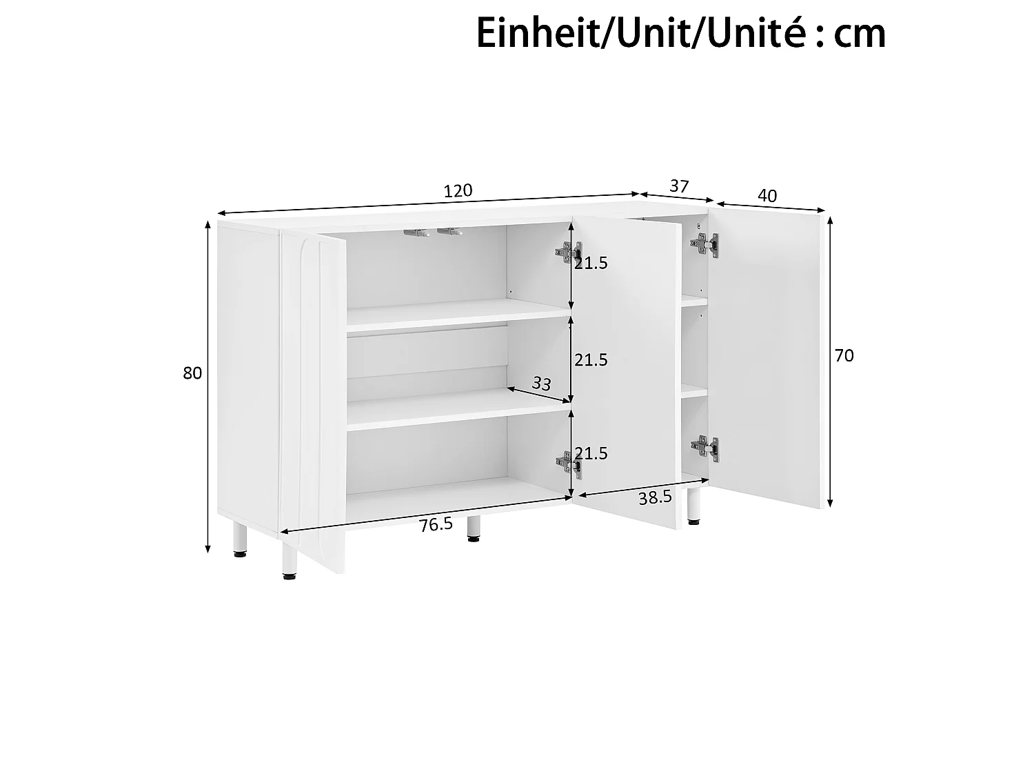 Buffet/Meuble à chaussures 120x37x80 cm - Avec 3 portes - Étagères réglables - 5 pieds en métal - MDF - Blanc