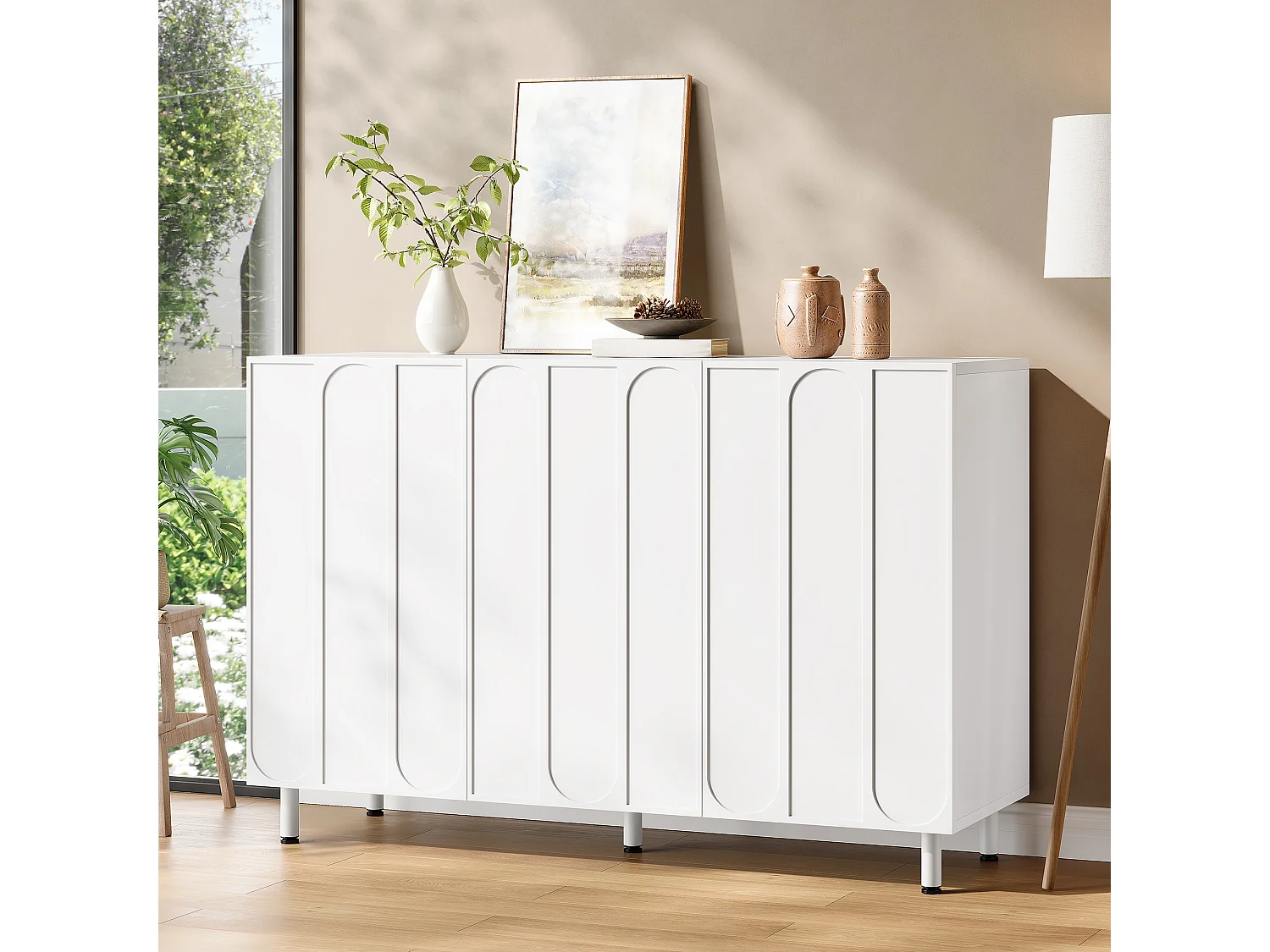 Buffet/Meuble à chaussures 120x37x80 cm - Avec 3 portes - Étagères réglables - 5 pieds en métal - MDF - Blanc