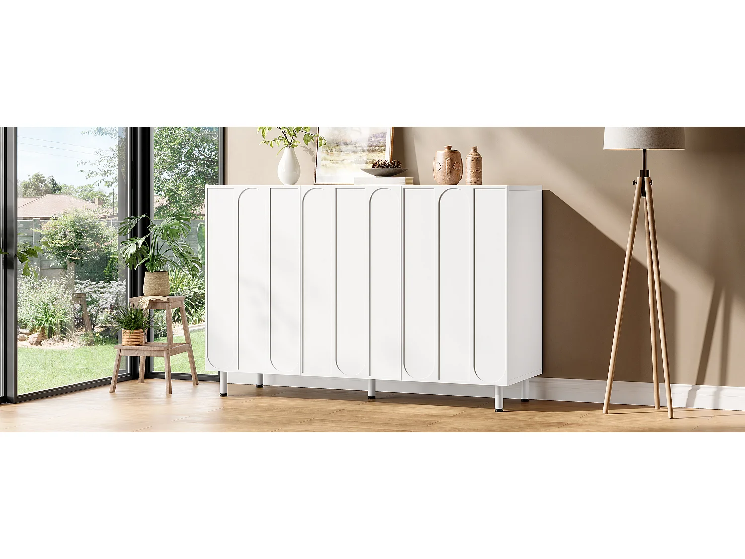 Buffet/Meuble à chaussures 120x37x80 cm - Avec 3 portes - Étagères réglables - 5 pieds en métal - MDF - Blanc