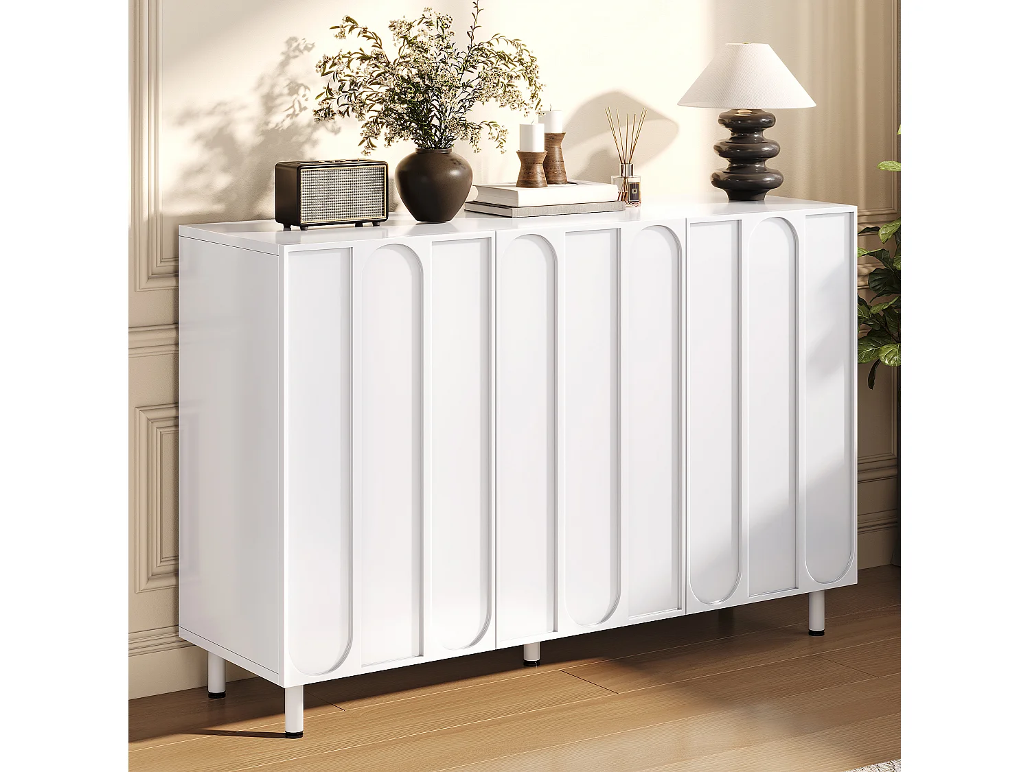 Buffet/Meuble à chaussures 120x37x80 cm - Avec 3 portes - Étagères réglables - 5 pieds en métal - MDF - Blanc