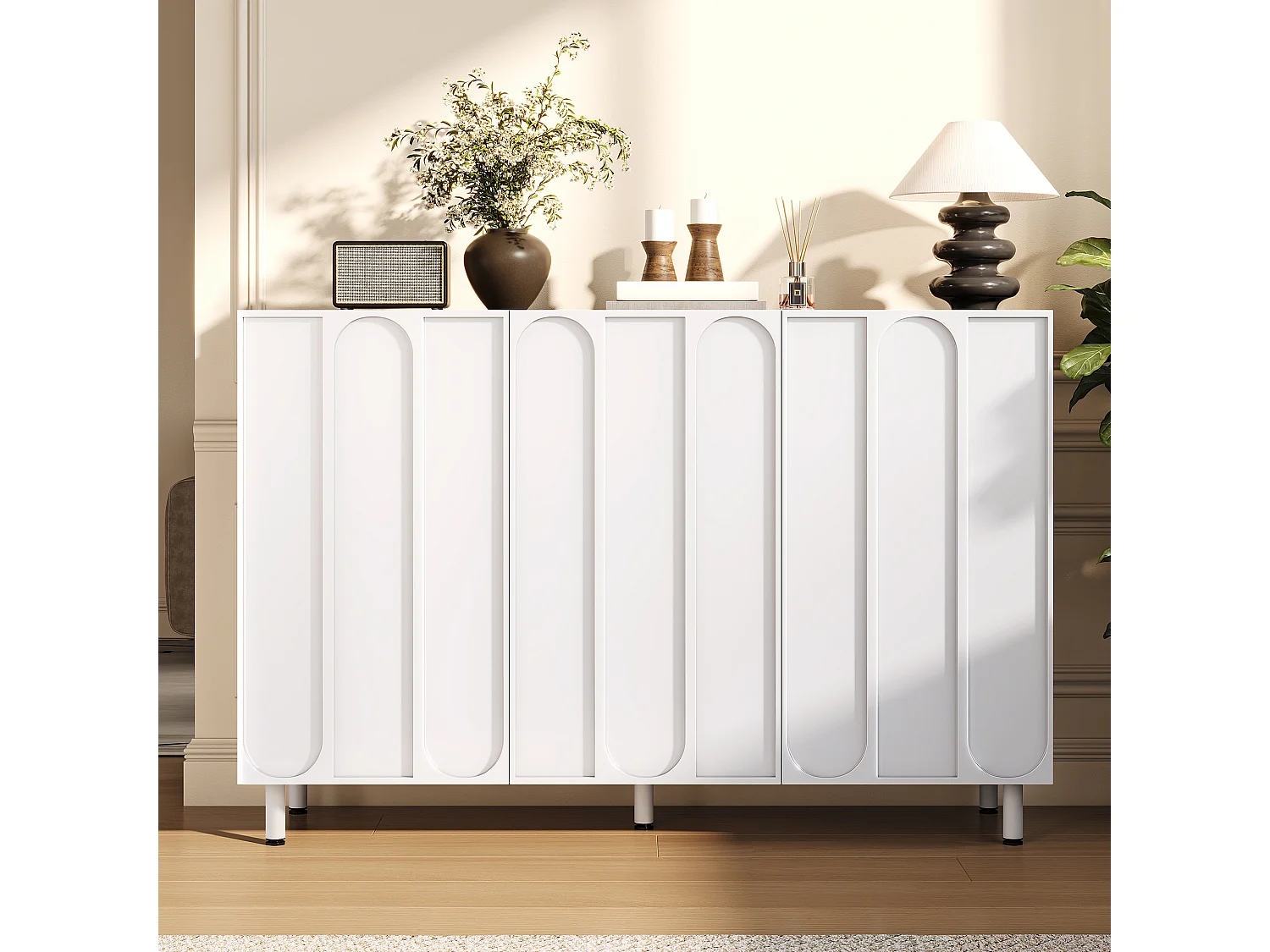 Buffet/Meuble à chaussures 120x37x80 cm - Avec 3 portes - Étagères réglables - 5 pieds en métal - MDF - Blanc
