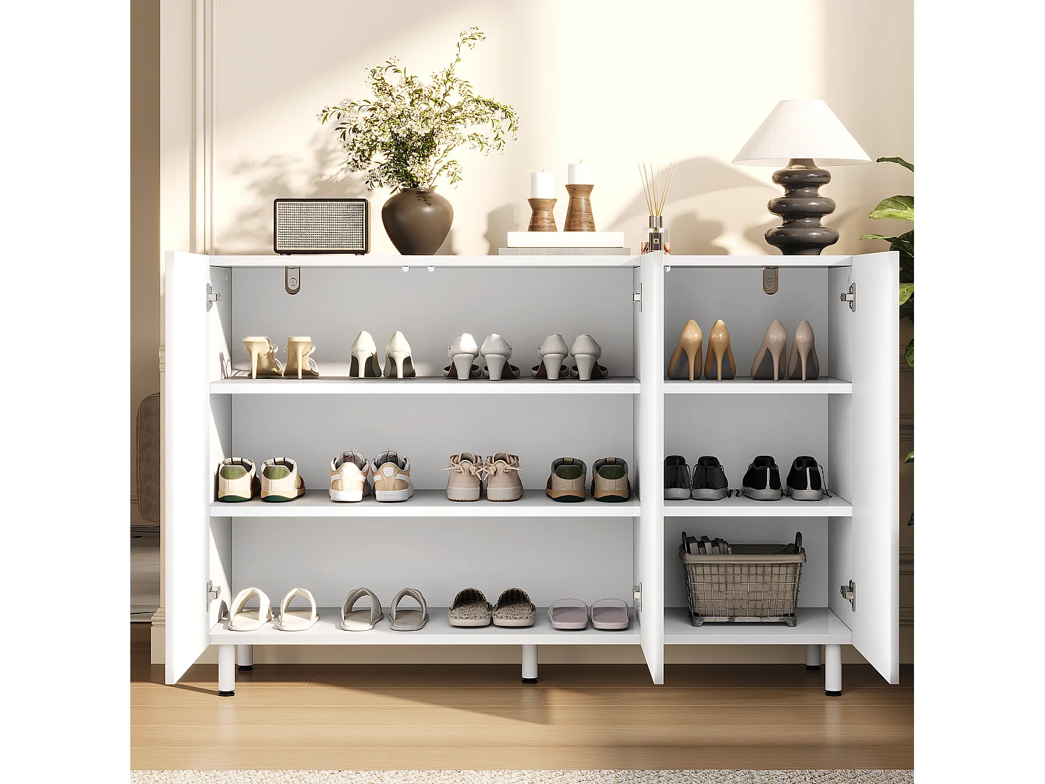 Buffet/Meuble à chaussures 120x37x80 cm - Avec 3 portes - Étagères réglables - 5 pieds en métal - MDF - Blanc