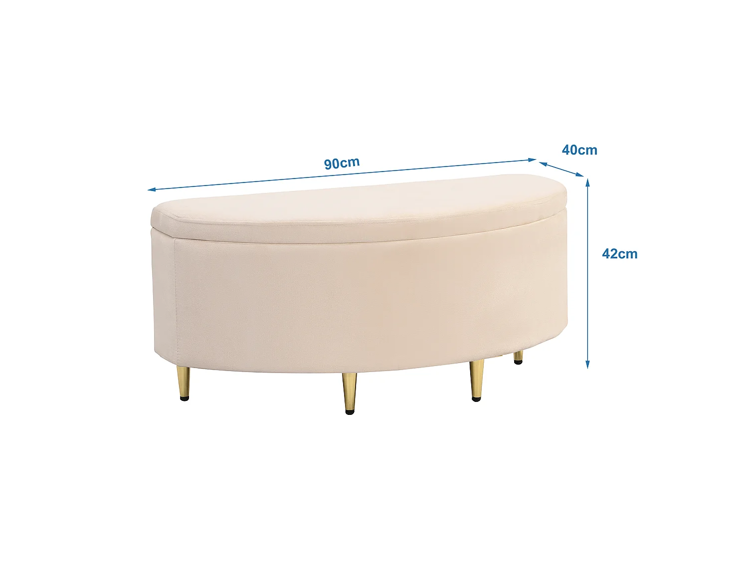 Banc coffre de rangement en velours - 90 x 40 x 42 cm - Pieds en métal - Beige