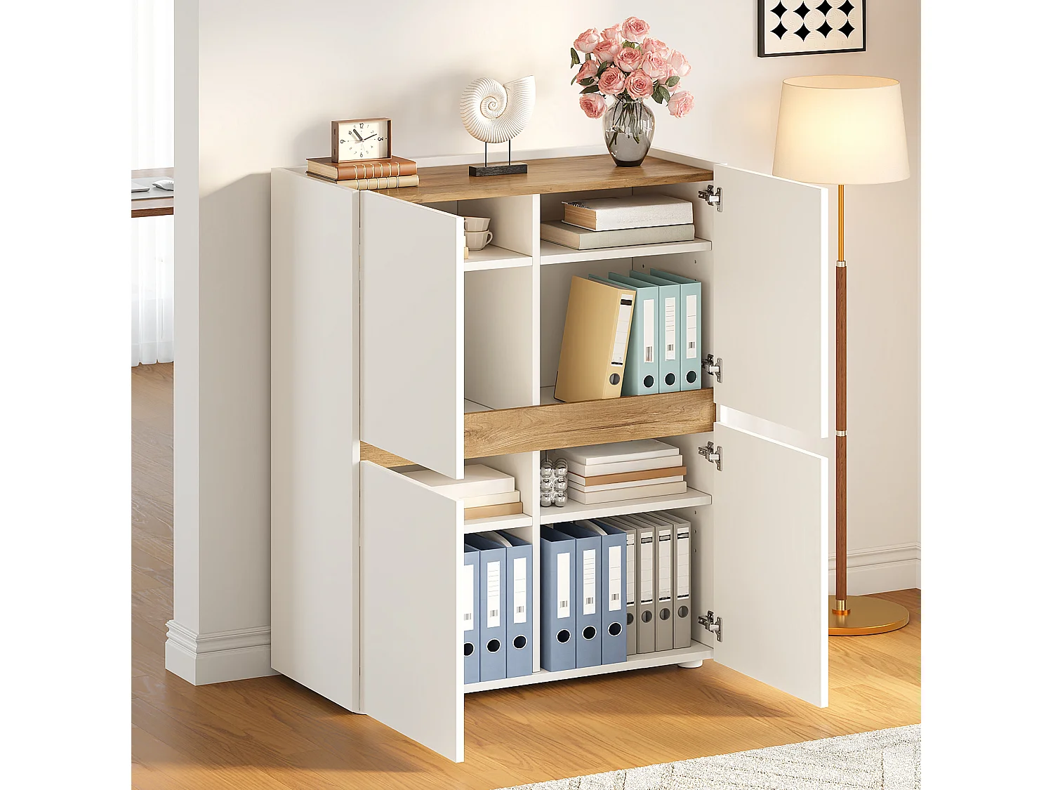 Buffet/Classeur moderne 90x40x110 cm - 4 portes et étagères réglables - Panneaux de particules - Blanc+naturel