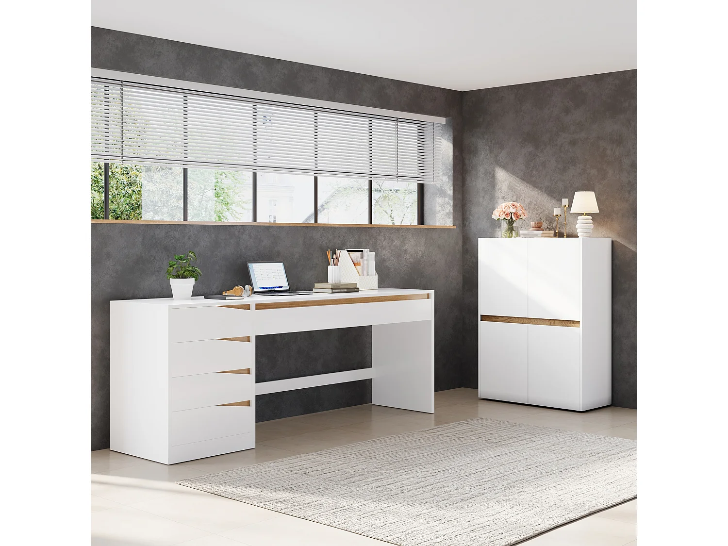 Buffet/Classeur moderne 90x40x110 cm - 4 portes et étagères réglables - Panneaux de particules - Blanc+naturel