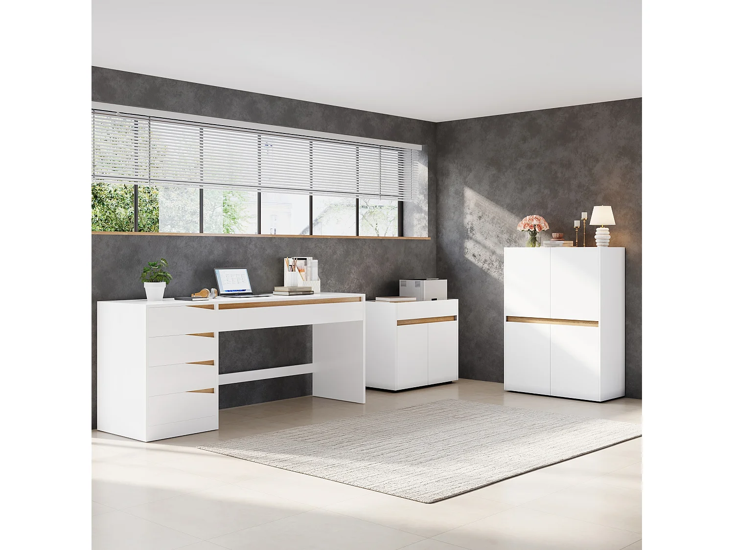 Buffet/Classeur moderne 90x40x110 cm - 4 portes et étagères réglables - Panneaux de particules - Blanc+naturel