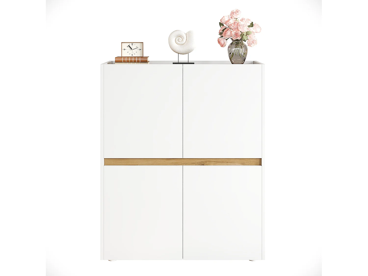 Buffet/Classeur moderne 90x40x110 cm - 4 portes et étagères réglables - Panneaux de particules - Blanc+naturel