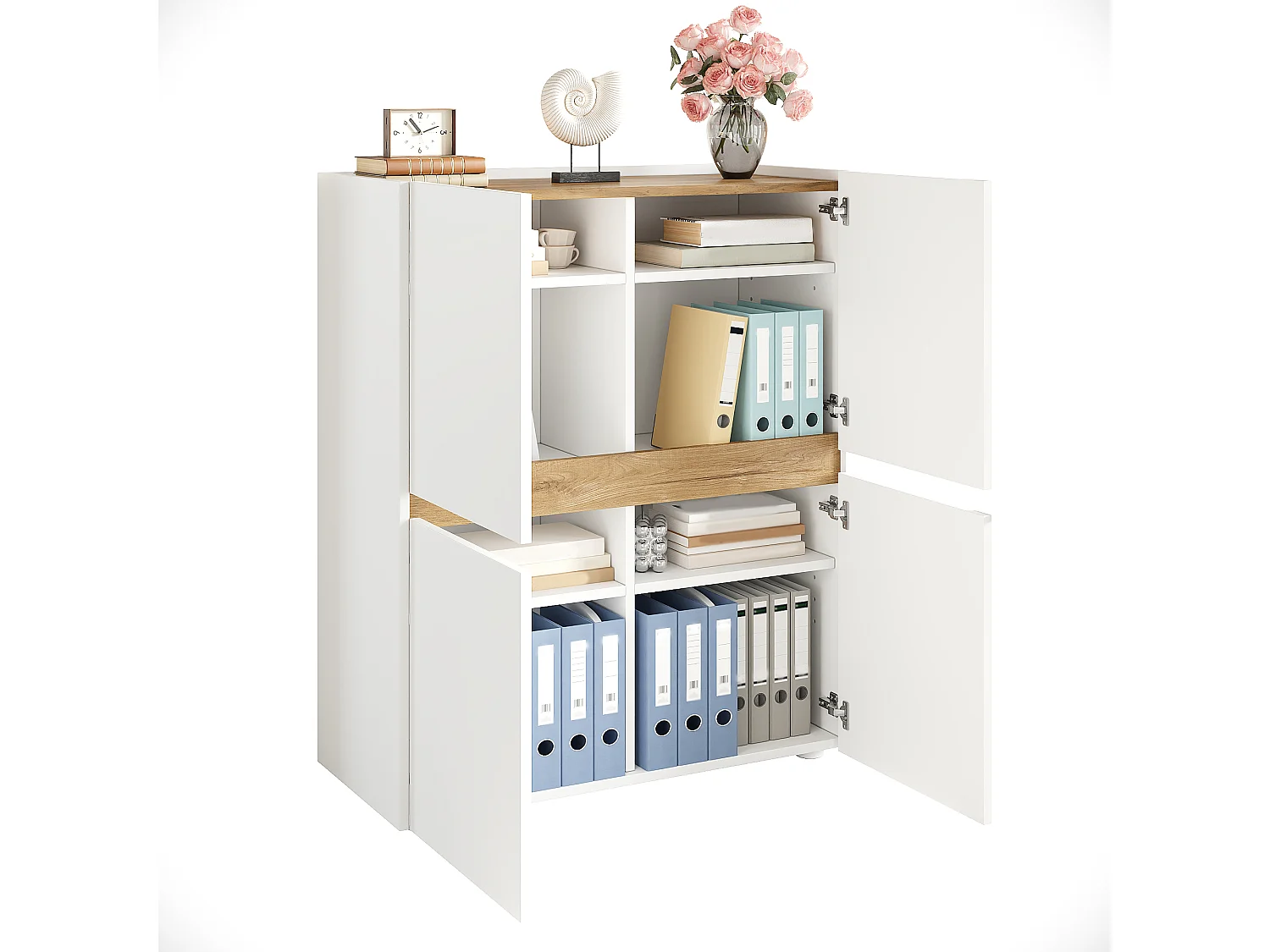 Buffet/Classeur moderne 90x40x110 cm - 4 portes et étagères réglables - Panneaux de particules - Blanc+naturel