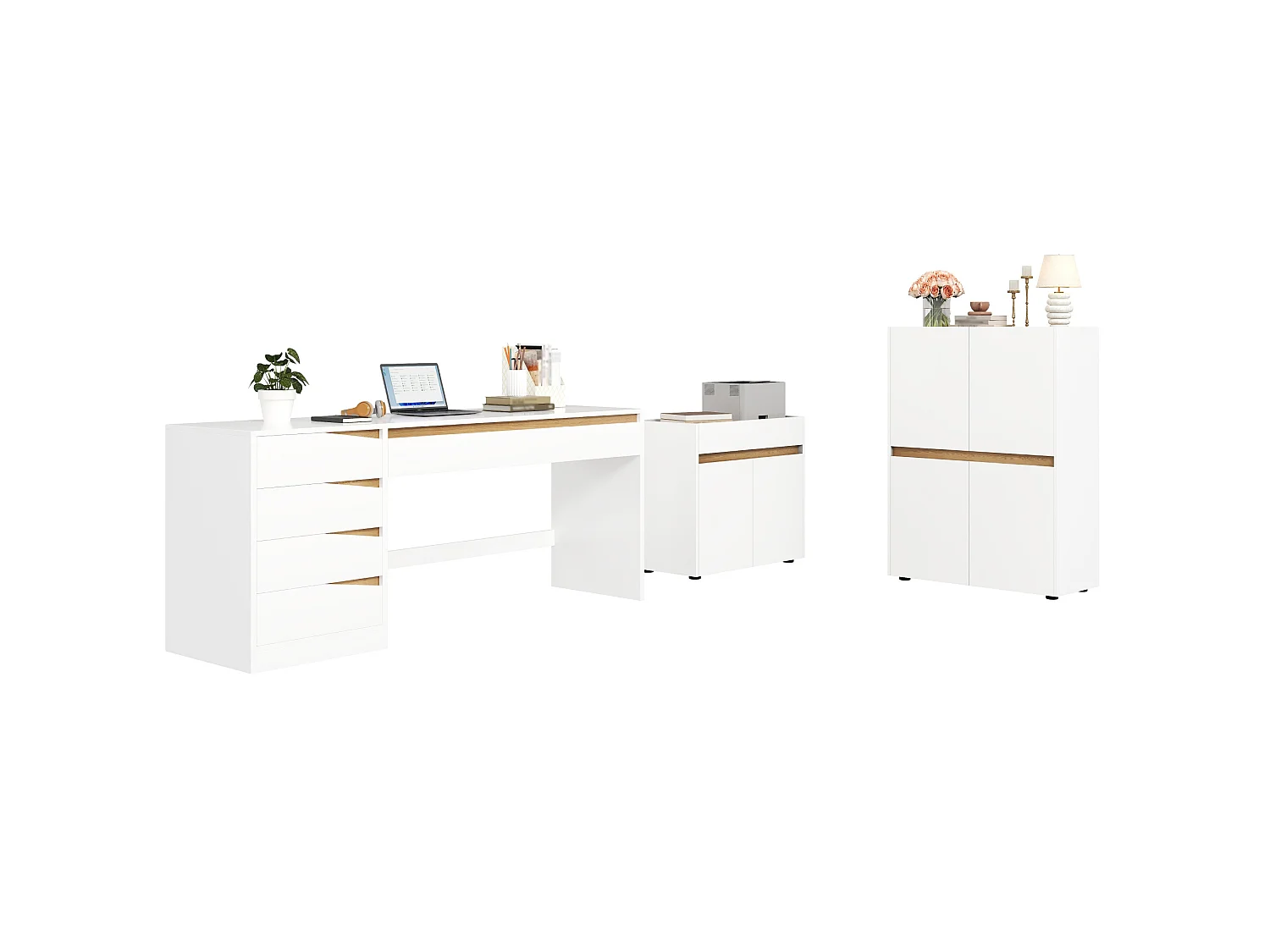 Buffet/Classeur moderne 90x40x110 cm - 4 portes et étagères réglables - Panneaux de particules - Blanc+naturel