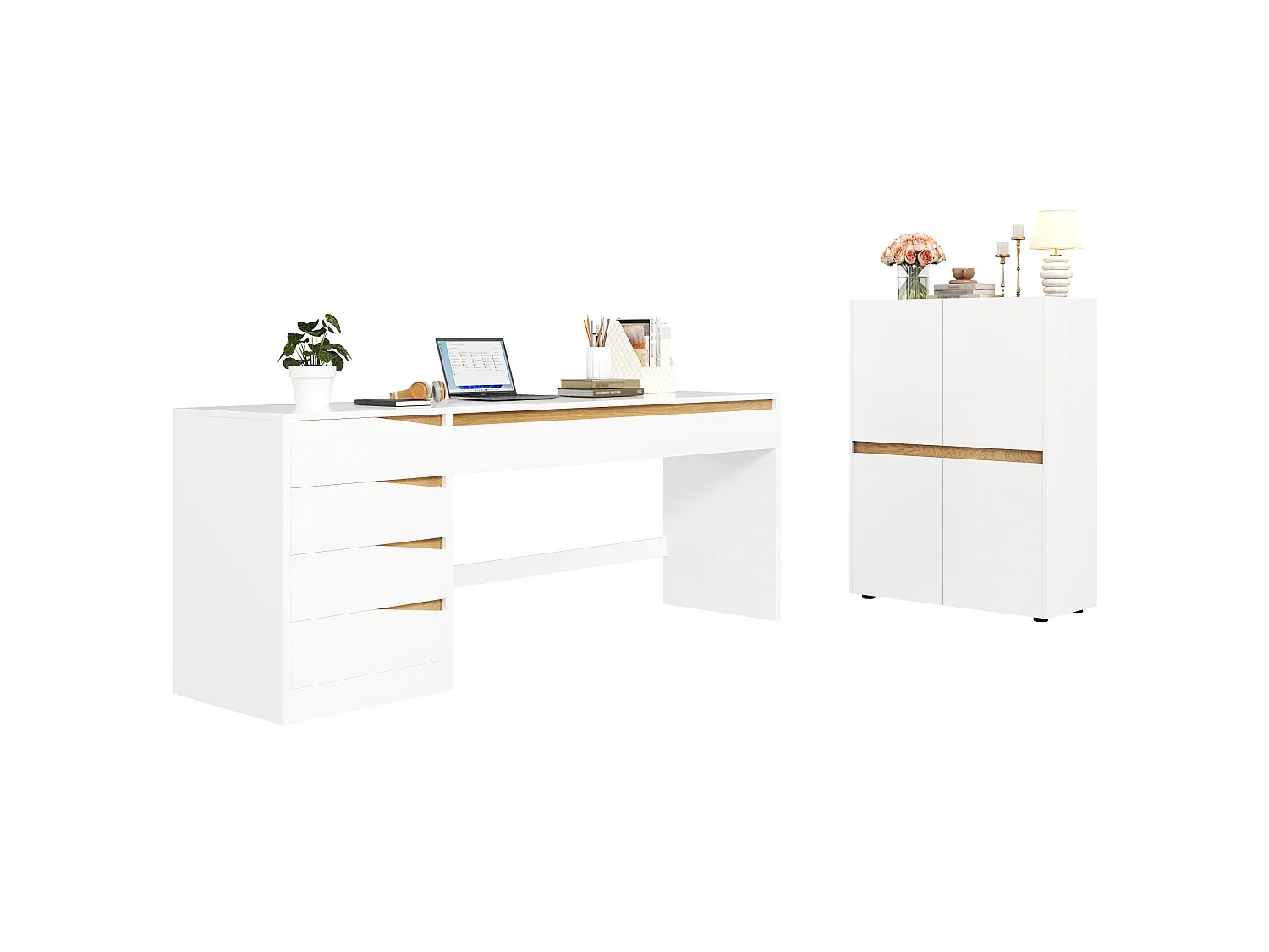 Buffet/Classeur moderne 90x40x110 cm - 4 portes et étagères réglables - Panneaux de particules - Blanc+naturel