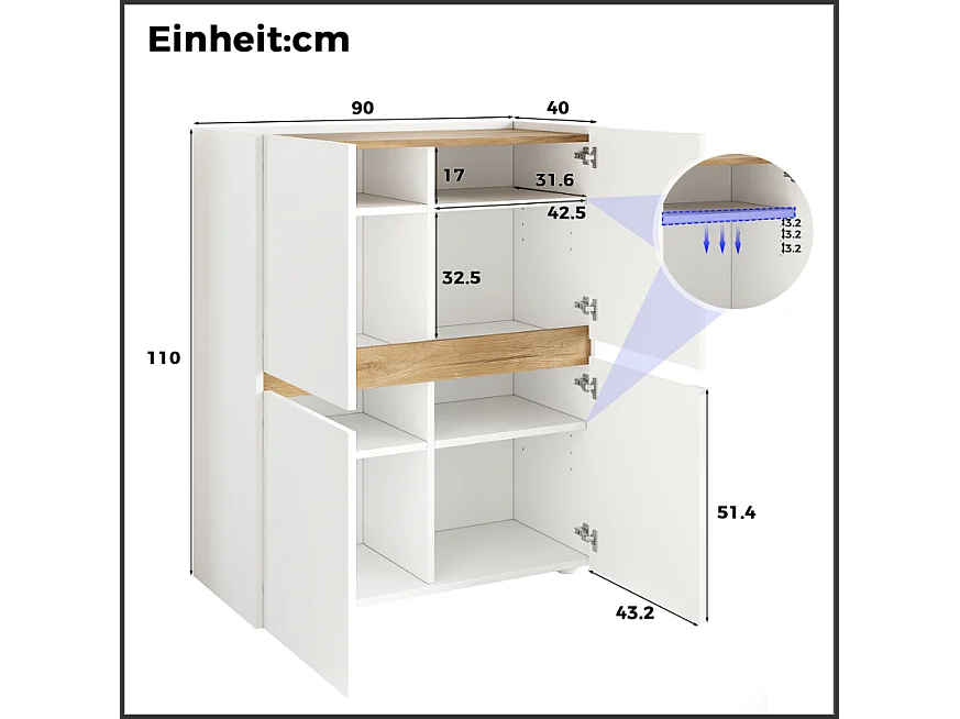 Buffet/Classeur moderne 90x40x110 cm - 4 portes et étagères réglables - Panneaux de particules - Blanc+naturel