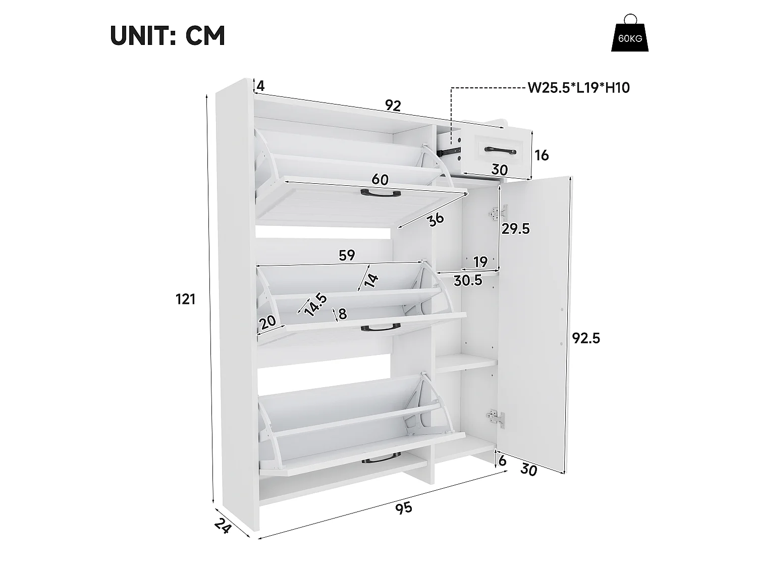Schoenenkast met 3 neerklapbare deuren, 1 lade, 1 draaideur - MDF, spaanplaat - 92 x 24 x 121 cm - Wit