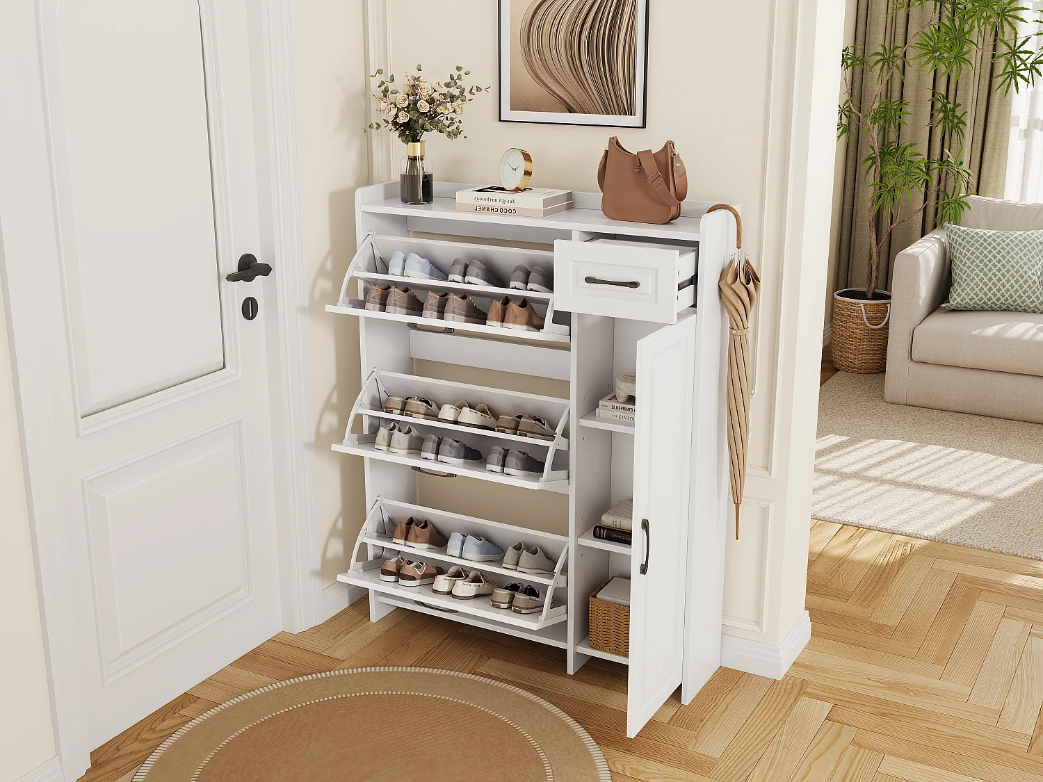 Schoenenkast met 3 neerklapbare deuren, 1 lade, 1 draaideur - MDF, spaanplaat - 92 x 24 x 121 cm - Wit