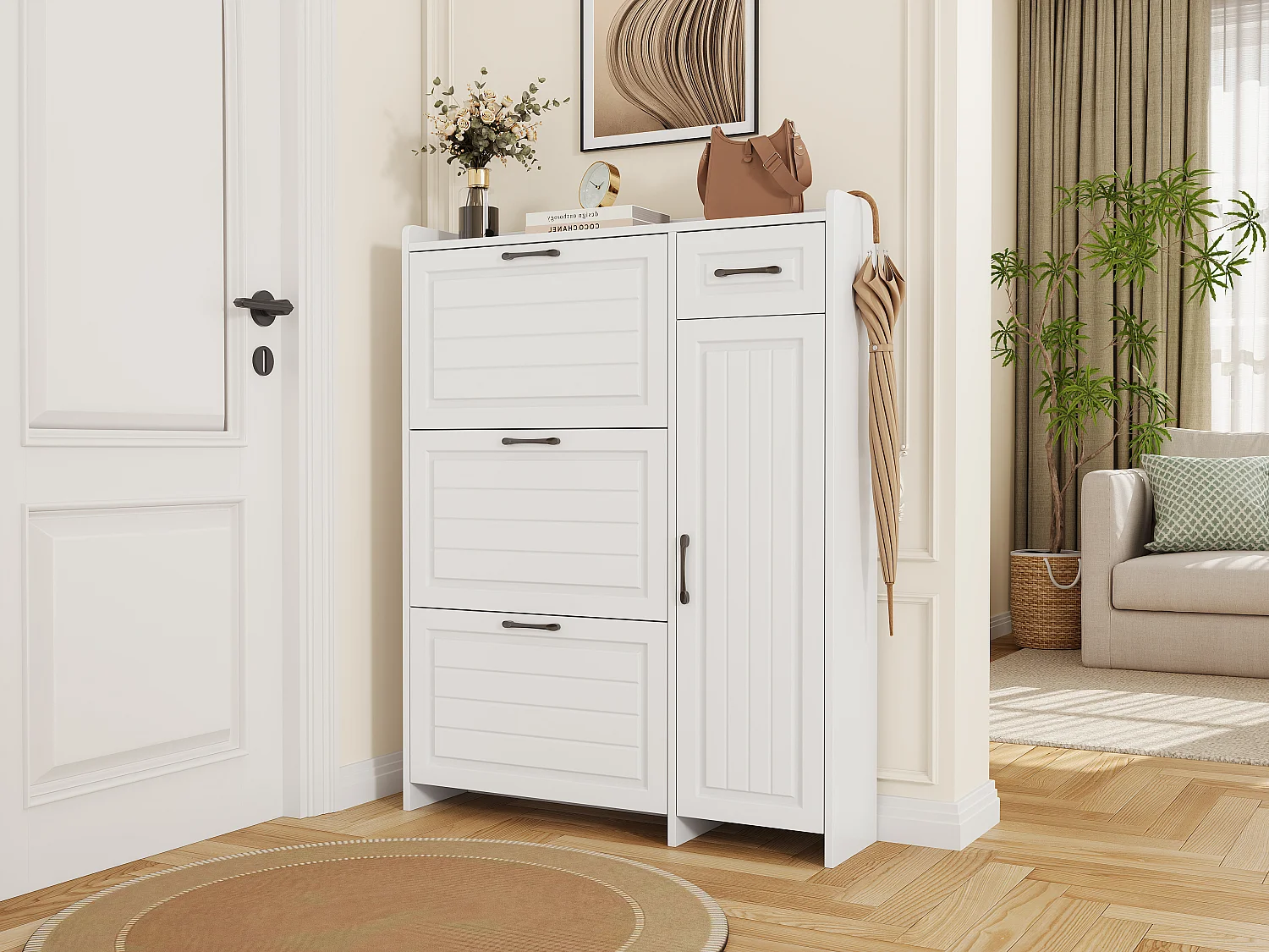 Schoenenkast met 3 neerklapbare deuren, 1 lade, 1 draaideur - MDF, spaanplaat - 92 x 24 x 121 cm - Wit