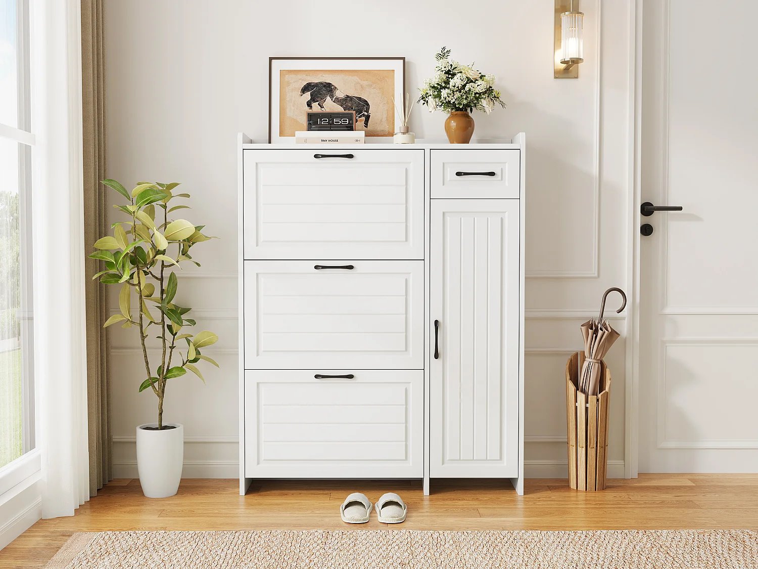 Schoenenkast met 3 neerklapbare deuren, 1 lade, 1 draaideur - MDF, spaanplaat - 92 x 24 x 121 cm - Wit