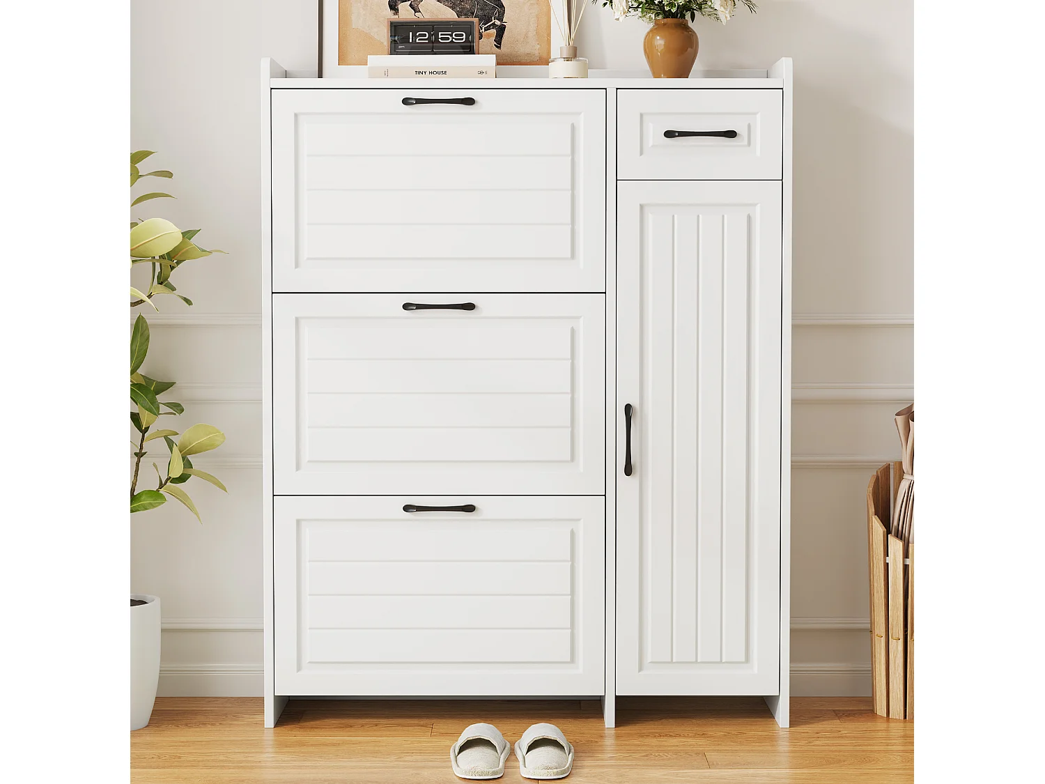 Schoenenkast met 3 neerklapbare deuren, 1 lade, 1 draaideur - MDF, spaanplaat - 92 x 24 x 121 cm - Wit