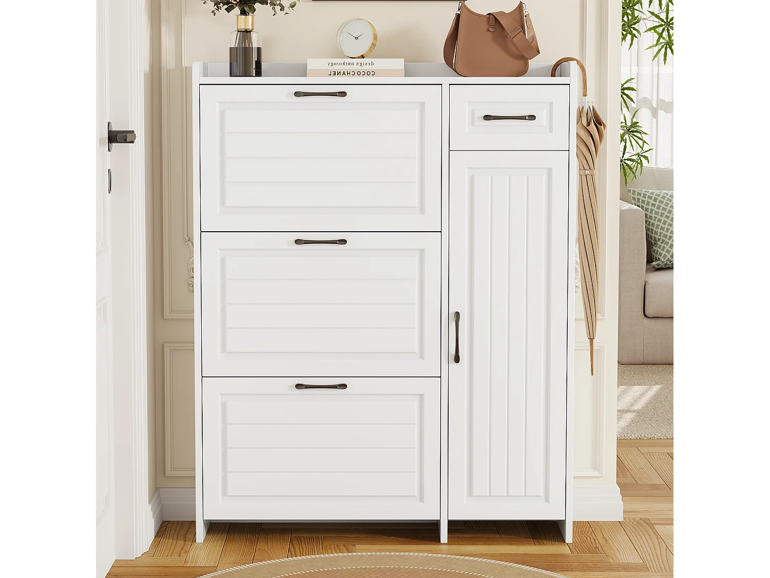 Schoenenkast met 3 neerklapbare deuren, 1 lade, 1 draaideur - MDF, spaanplaat - 92 x 24 x 121 cm - Wit