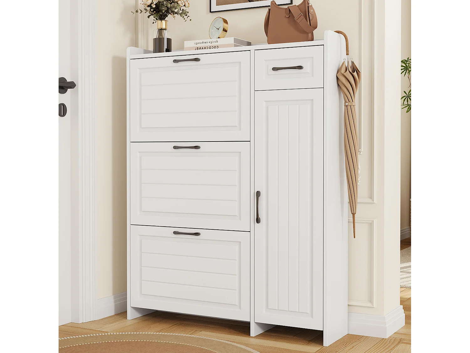Schoenenkast met 3 neerklapbare deuren, 1 lade, 1 draaideur - MDF, spaanplaat - 92 x 24 x 121 cm - Wit
