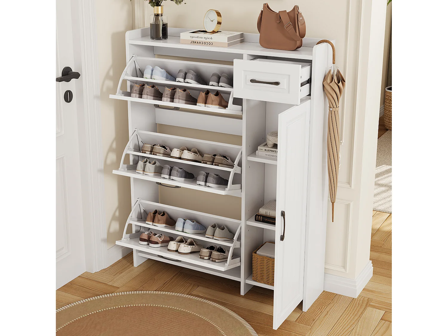 Schoenenkast met 3 neerklapbare deuren, 1 lade, 1 draaideur - MDF, spaanplaat - 92 x 24 x 121 cm - Wit