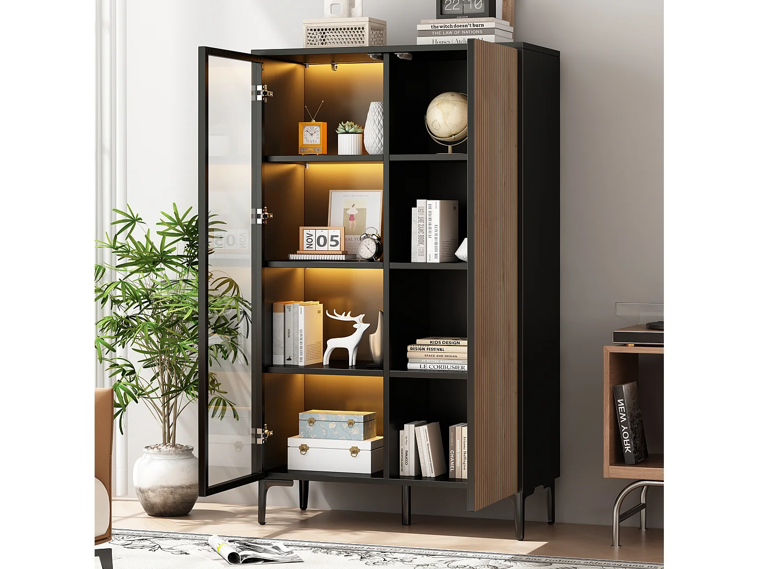 Vitrine moderne 90x40x135 cm - Éclairage LED - 2 portes et 8 compartiments de rangement - MDF+Verre - Noir et Naturel