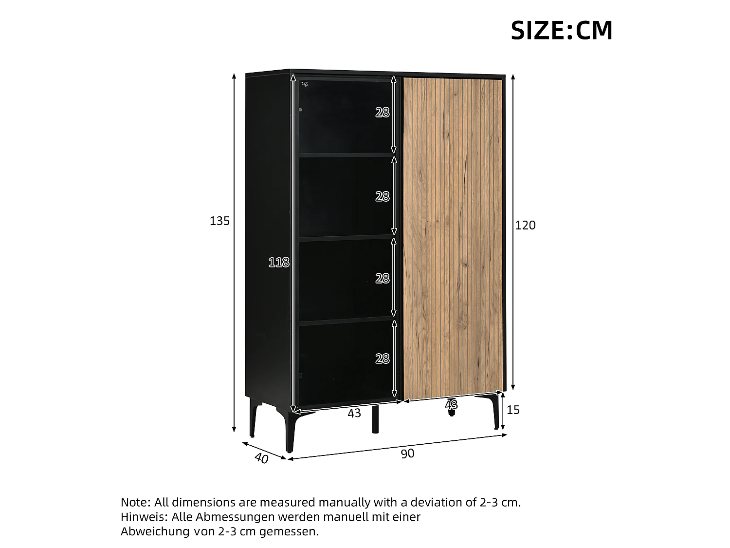 Vitrine moderne 90x40x135 cm - Éclairage LED - 2 portes et 8 compartiments de rangement - MDF+Verre - Noir et Naturel