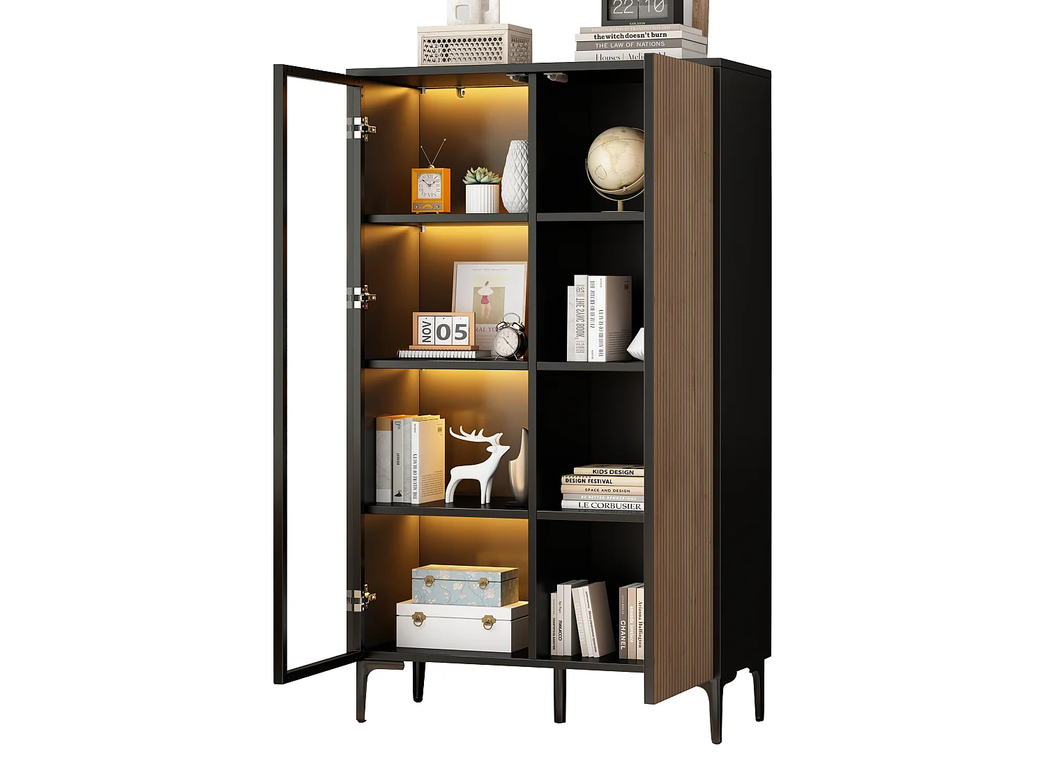 Vitrine moderne 90x40x135 cm - Éclairage LED - 2 portes et 8 compartiments de rangement - MDF+Verre - Noir et Naturel