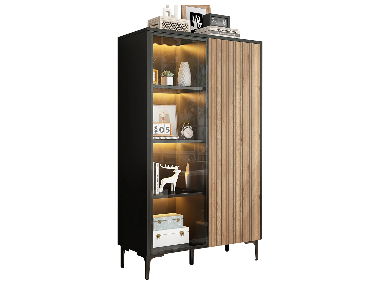Vitrine moderne 90x40x135 cm - Éclairage LED - 2 portes et 8 compartiments de rangement - MDF+Verre - Noir et Naturel
