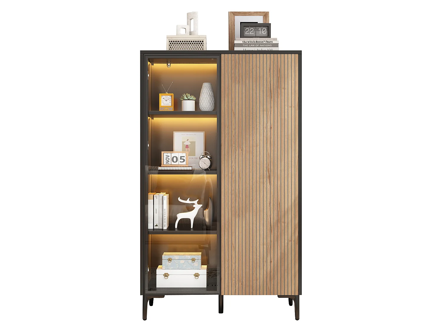 Vitrine moderne 90x40x135 cm - Éclairage LED - 2 portes et 8 compartiments de rangement - MDF+Verre - Noir et Naturel