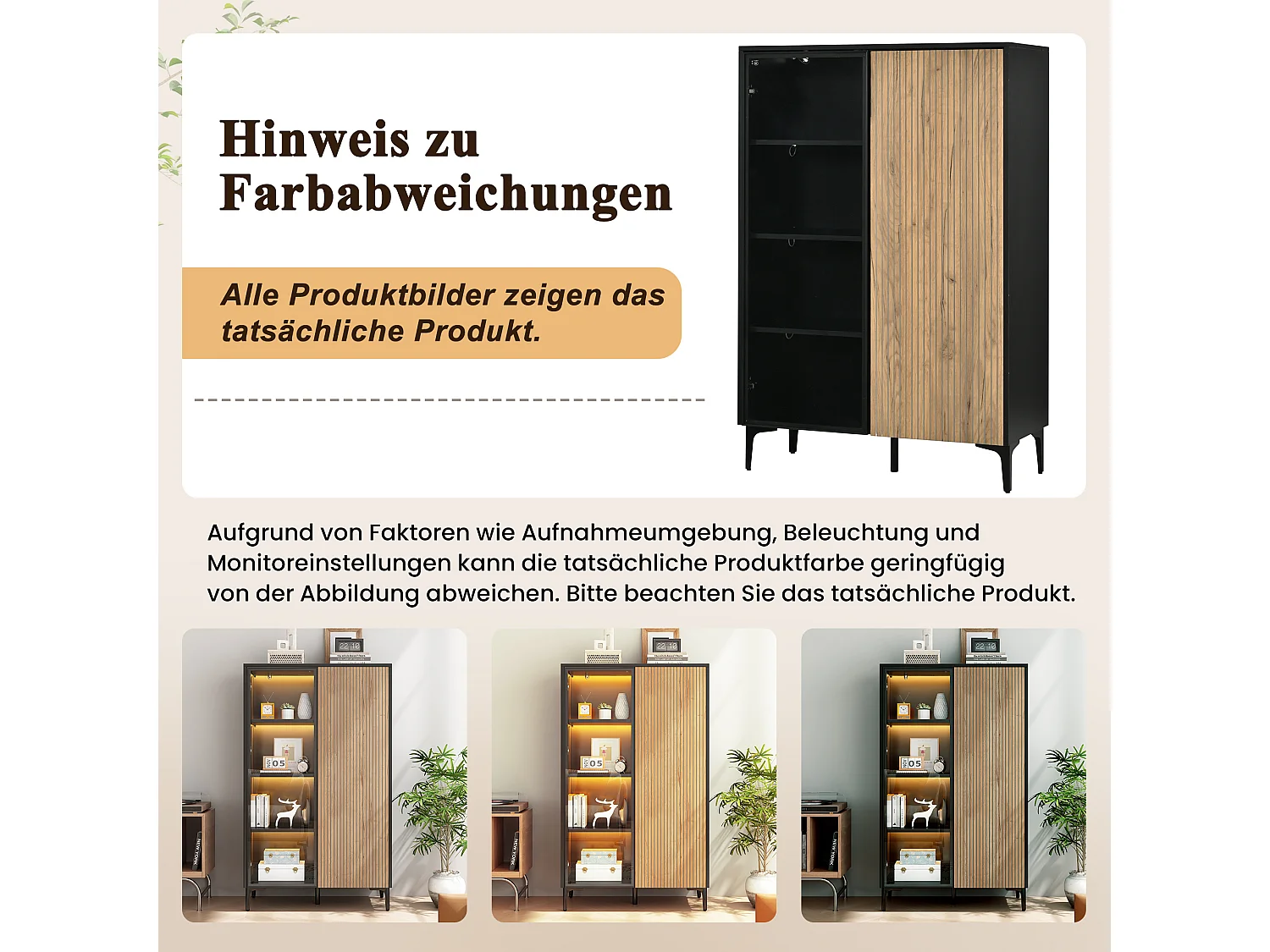 Vitrine moderne 90x40x135 cm - Éclairage LED - 2 portes et 8 compartiments de rangement - MDF+Verre - Noir et Naturel