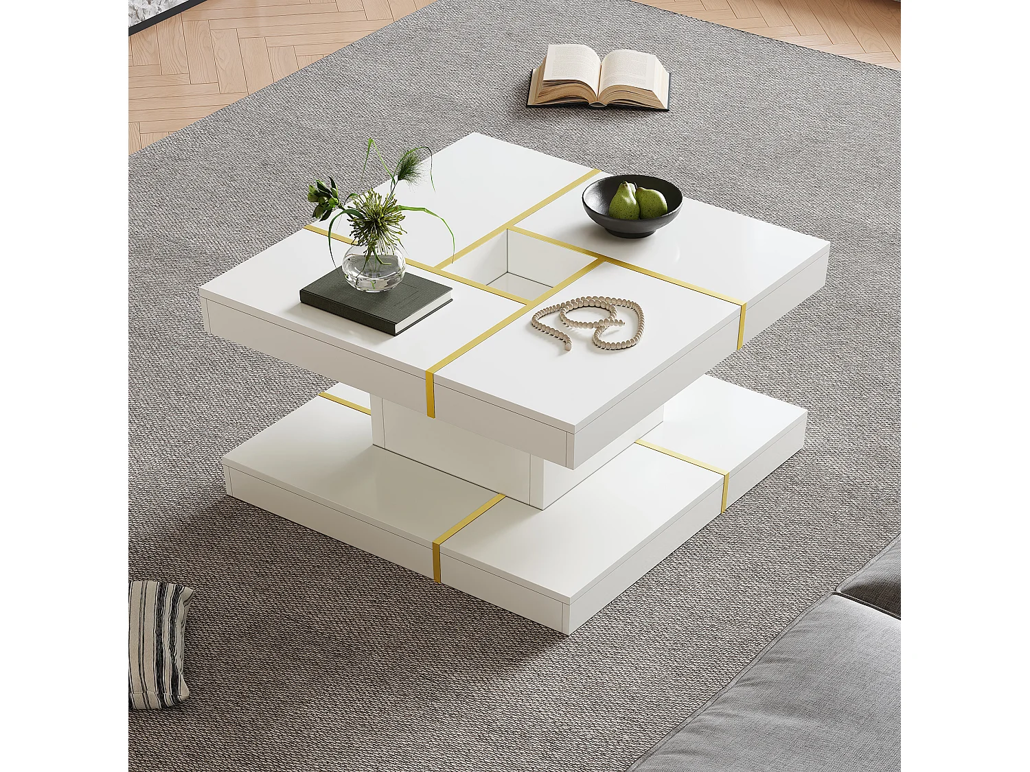 Table basse double plateau 80x80x38 cm - Design carré - Bordure métallique dorée - Centre ajouré - Blanc