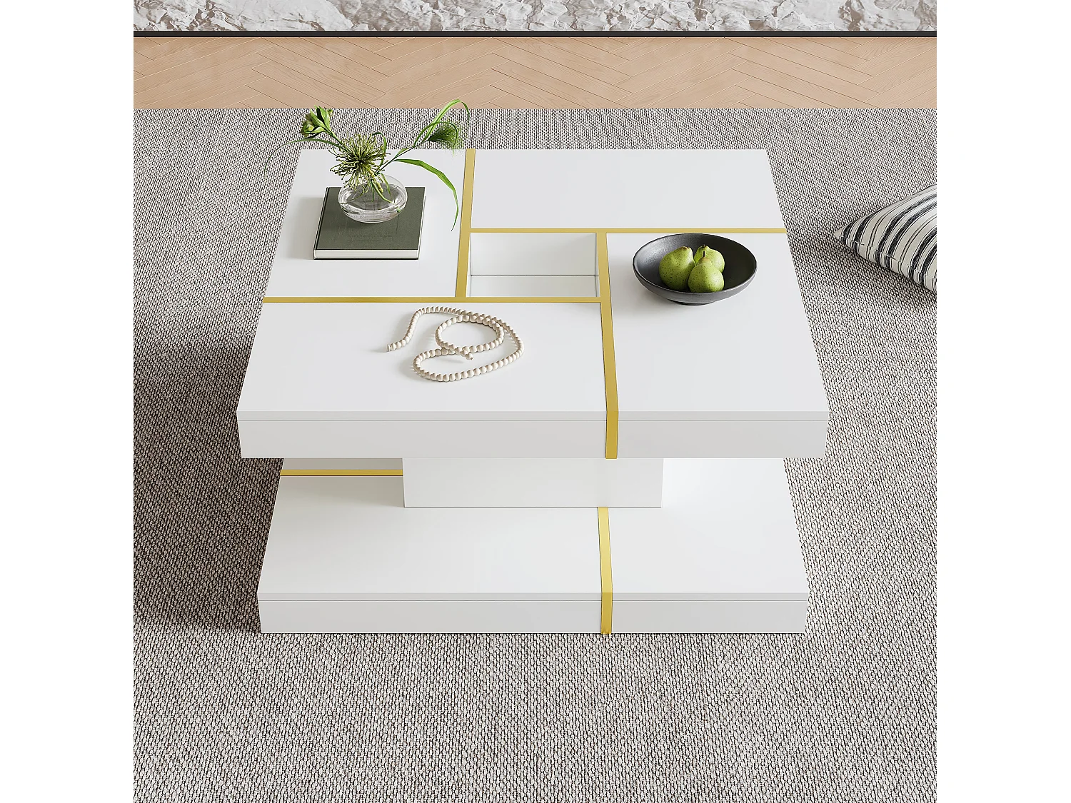 Table basse double plateau 80x80x38 cm - Design carré - Bordure métallique dorée - Centre ajouré - Blanc