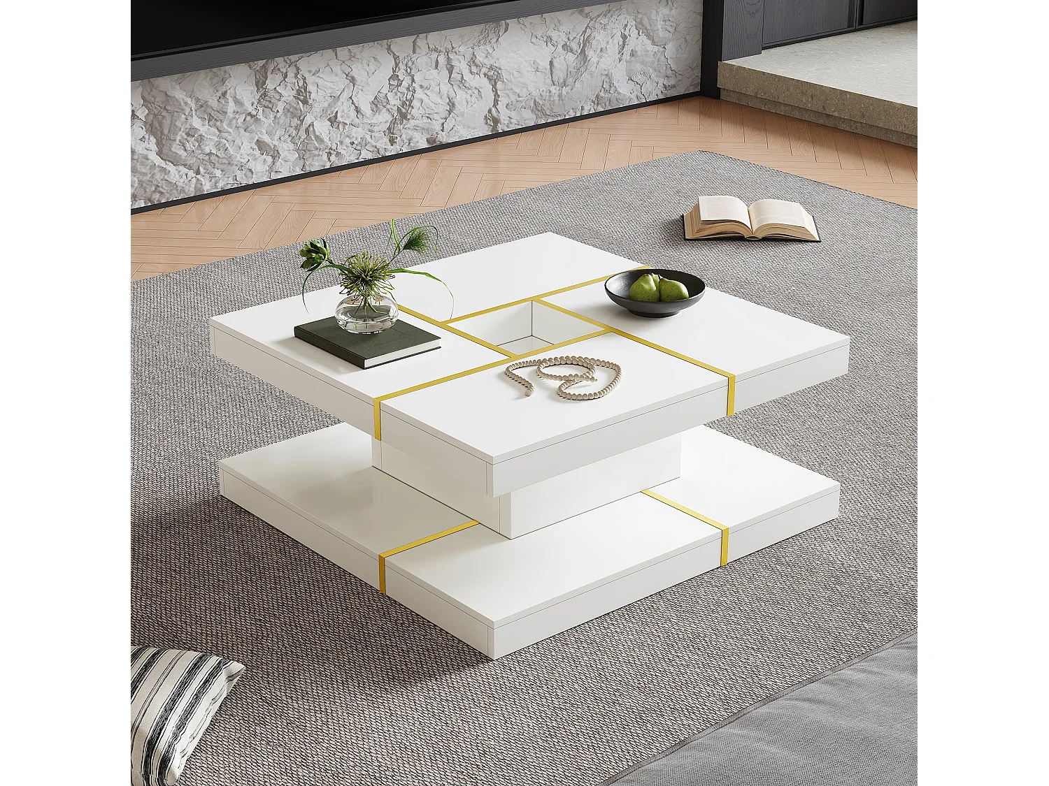Table basse double plateau 80x80x38 cm - Design carré - Bordure métallique dorée - Centre ajouré - Blanc