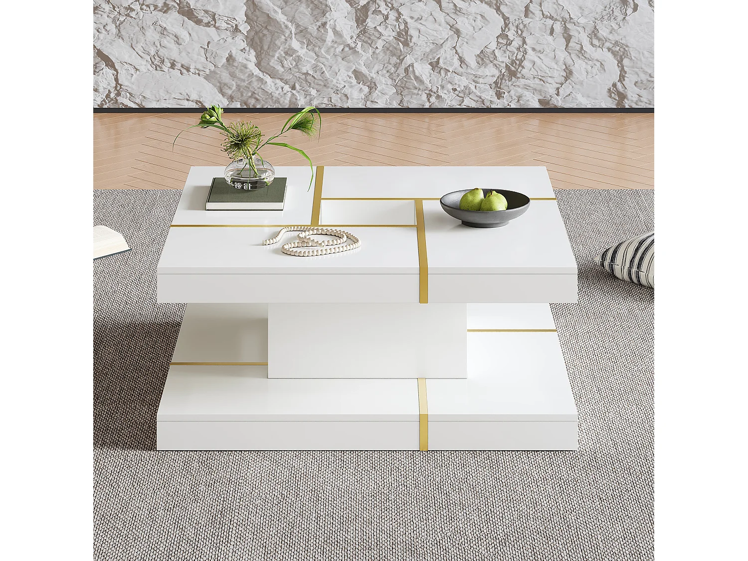 Table basse double plateau 80x80x38 cm - Design carré - Bordure métallique dorée - Centre ajouré - Blanc
